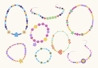 kids beads. fashioned hand made decoration bracelets for children. Vector beads collection in cartoon style