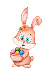 Watercolor Easter Bunny with a basket of colored Easter eggs. Hand drawn illustration isolated on white background