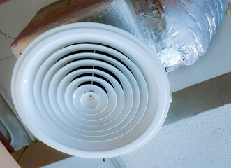 Air Ventilating tube installed on the ceiling of the factory building or market mall. - 536022729