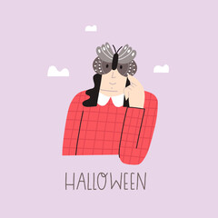 Vector illustration with a girl in a moth mask. Vector card for Halloween day.