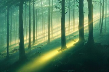 Forest sunbeams through the morning fog. Early morning fog in sunbeam forest. Beautiful sunbeam forest. Morning fog in forest sunbeams