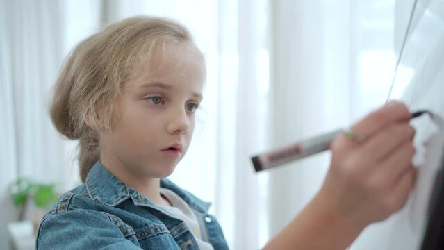 Lovely little cute girl enjoy drawing a picture and painting on a whiteboard. 