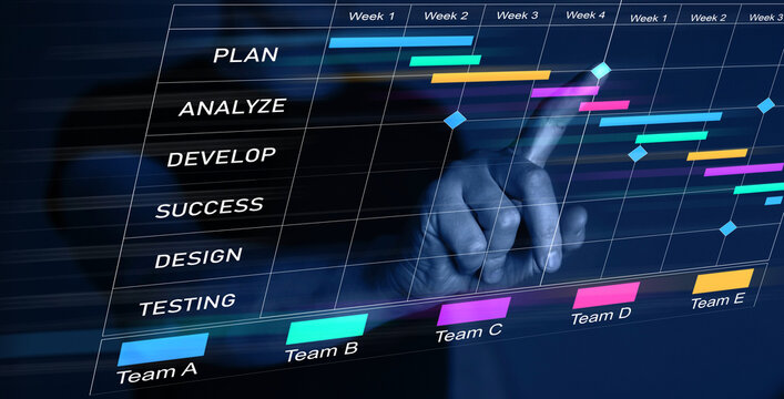 Business Project Management System. Project manager updating tasks and milestones progress planning with Gantt chart scheduling interface for company on virtual screen. 