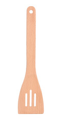 Wooden slotted spatula isolated on white background. New clean kitchen turner.