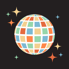 Groovy disco ball sticker with retro stars. 70s retro print for graphic tee.
