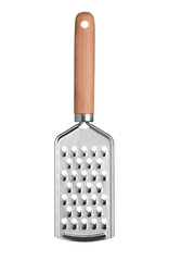 Kitchen hand grater isolated on white background. New clean grater utensil with wooden handle.