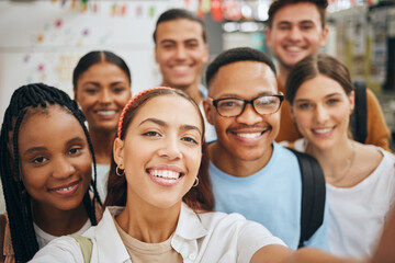 University friends, students and group selfie for social media at college, school and campus. Portrait of diversity, happy and gen z young people studying, education and learning knowledge together