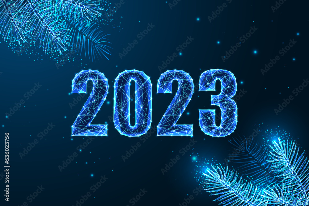 Wall mural abstract 2023 happy new year digital web banner with evergreen branches in futuristic style on blue