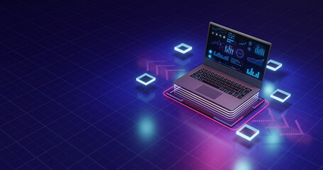 Software development concept. Programming, coding and software testing on laptop. Laptop on the table with business diagram on the screen. Digital Computer technology background concept. 3d render