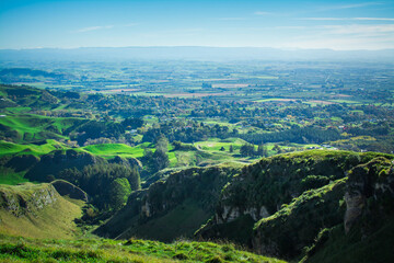 Aerial view from the top of Te Mata Peak over Te Mata Hills and colourful autumn valley. Beautiful autumn day near Hastings, Hawkes Bay, New Zealand
