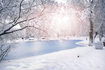 Beautiful natural landscape of a snowy city park with snow-covered trees and frozen pond on bright...