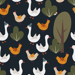 Seamless farm birds pattern, Goose and chicken background, Domestic birds cute print, Childish print with chickens and geese, Autumn repeat design,  children textile, wallpaper design, wrapping paper
