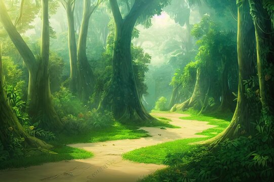 Forest or jungle trees scenery wallpaper illustration for children. Illustrated woods scene, with big thick trunk in the middle. horizontal background for kids.