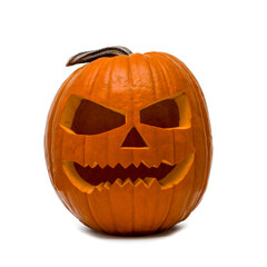 Halloween card template - Spooky scary carved orange pumpkin, isolated on white background square