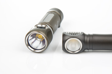 different lanterns flashlight on a white background. item for camping and household life.