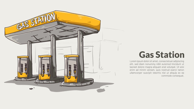 isolated gas station. heavy equipmet rough drawing with editable copy space vector illustration.