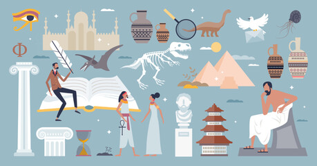 History set with ancient elements and culture symbols tiny person collection. Isolated items from classic egyptian time or prehistoric dinosaur fossils vector illustration. Old civilization literature © VectorMine