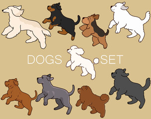 Set of cute and simple dogs illustrations jumping