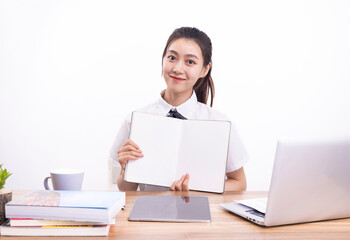 Asian female students taking an online class against a white background