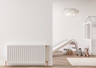 White heating radiator on white wall in modern room. Home interior. Central heating system. Heating is getting more expensive. Energy crisis. 3D rendering. - obrazy, fototapety, plakaty