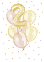 Birthday gold and pink decoration set. Number Two. Girl second birthday pastel transparent, foil balloons. Celebration, event, congratulations concept. Vector illustration.