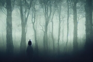 A double exposure of an atmospheric half transparent man looking at a person standing on the edge of a forest in the countryside. On a moody foggy winters day. With a grunge, artistic edit