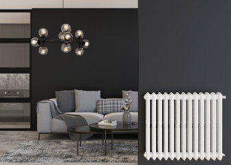 White heating radiator on black wall in modern room. Home interior. Central heating system. Heating is getting more expensive. Energy crisis. 3D rendering.