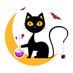 Halloween cat sits on the moon and holds a flask with a potion, with a spider on its tail and bats nearby