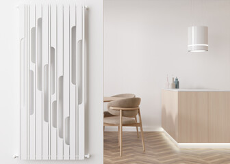 White heating radiator on white wall in modern room. Home interior. Beautiful design radiator. Central heating system. Heating is getting more expensive. Energy crisis. 3D rendering.