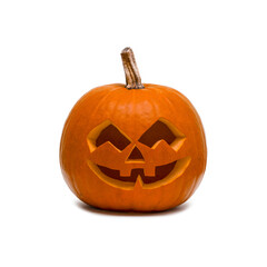 Halloween card template - Spooky scary carved orange pumpkin, isolated on white background square