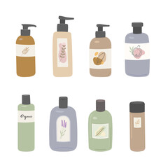 Set of different beauty natural cosmetics in bottles for skin, body and hair care isolated on white background. Cream, shampoo, shower gel, lotion flat vector illustration.