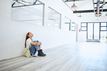 Stress, burnout and mental health with a woman student thinking about exam, education finance and...