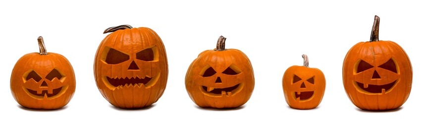 Halloween banner panorama long wide template - Many spooky carved orange pumpkins, isolated on white background