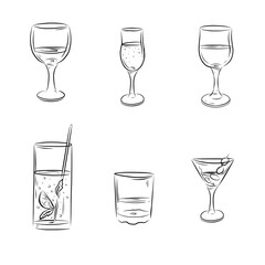 collection illustration glass in hand line glasses bar menu cafe sketch black and
