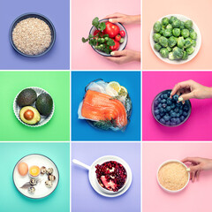 Healthy food selection on color background