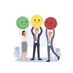 Customer service and user experience concept .People holding different emoji to show positive, negative and neutral satisfaction rating. review ,vector illustration