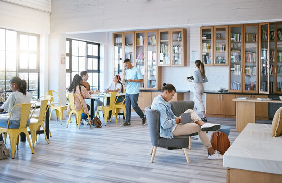 Education, Students And Learning In Library At University In Relax, Funky And Creative Study Room. Diversity, College And Learners In Social Space, Reading, Homework And Research With Book And Pupils