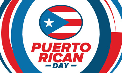 Puerto Rican Day. National happy holiday. Festival and parade in honor of independence and freedom. Puerto Rico flag. Latin american country. Patriotic elements. Vector poster illustration