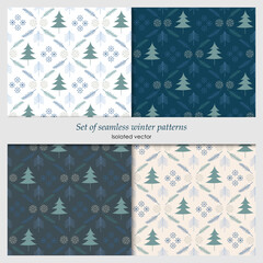 Set of seamless patterns with Christmas trees and snowflakes. Isolated, vector.