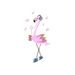 Cartoon stork bird listening music illustration isolated on Png Transparent background