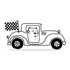 Hand drawing line art outline car with tiger illustration isolated on Png Transparent background