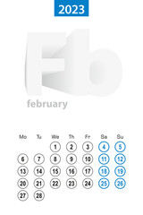 Calendar for February 2023, blue circle design. English language, week starts on Monday.