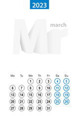 Calendar for March 2023, blue circle design. English language, week starts on Monday.