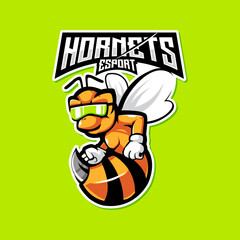 Hornet esport logo. Bee wearing glasses for team gaming and sports