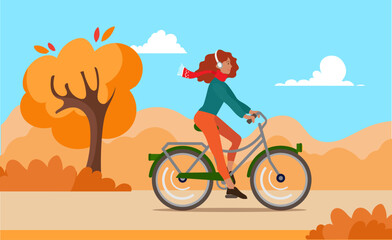 The girl rides a bike in the autumn park. Walk in the autumn park. Autumn. Cardio walk. Vector illustration.