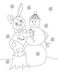 Rabbit trying to put down snowman's carrot nose. Coloring book for kids. Vector outline illustration