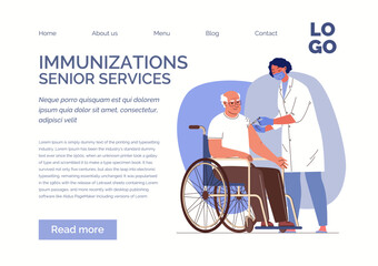 Doctor in clinic gives vaccine against the virus and epidemiological diseases to elderly man in wheelchair. Concept of healthy immunity. Website, template, landing page. Vector illustration.  - obrazy, fototapety, plakaty