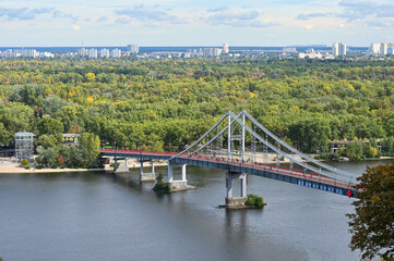 Top view of the bridge across the Dnieper river in the city of Kyiv