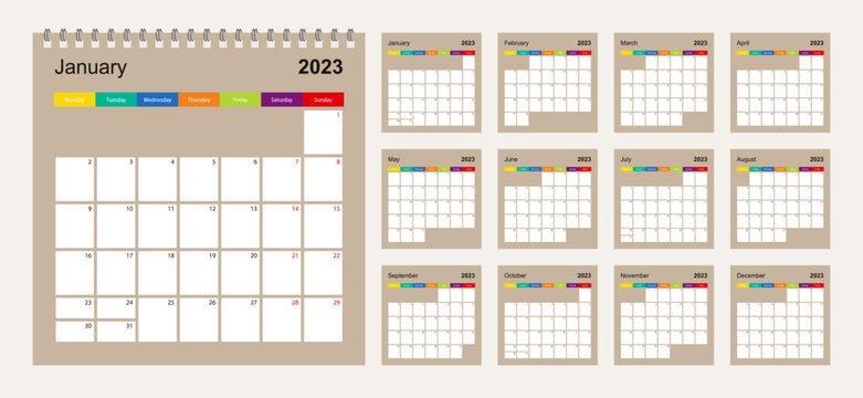 Calendar 2023 colorful design, set of 12 vector wall planner calendar pages on beige background. Week starts on Monday.