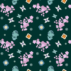 Blooming sakura seamless pattern. Japanese cherry blossom in Asian kawaii style for kimono, Korean hanbok, cheongsam dress, fabric, textile.